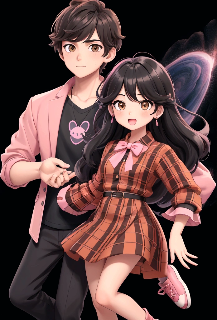 a drawing of a boy and a woman flying through the air, the girl with black red plaid blouse, dark hair and brown eyes, wearing pink kawaii clothes. And a boy with a black t-shirt with a yellow triangle design, Bblack hair, brown eyes and black shoes. Drawing with a galaxy background, and well designed, detailed in great quality