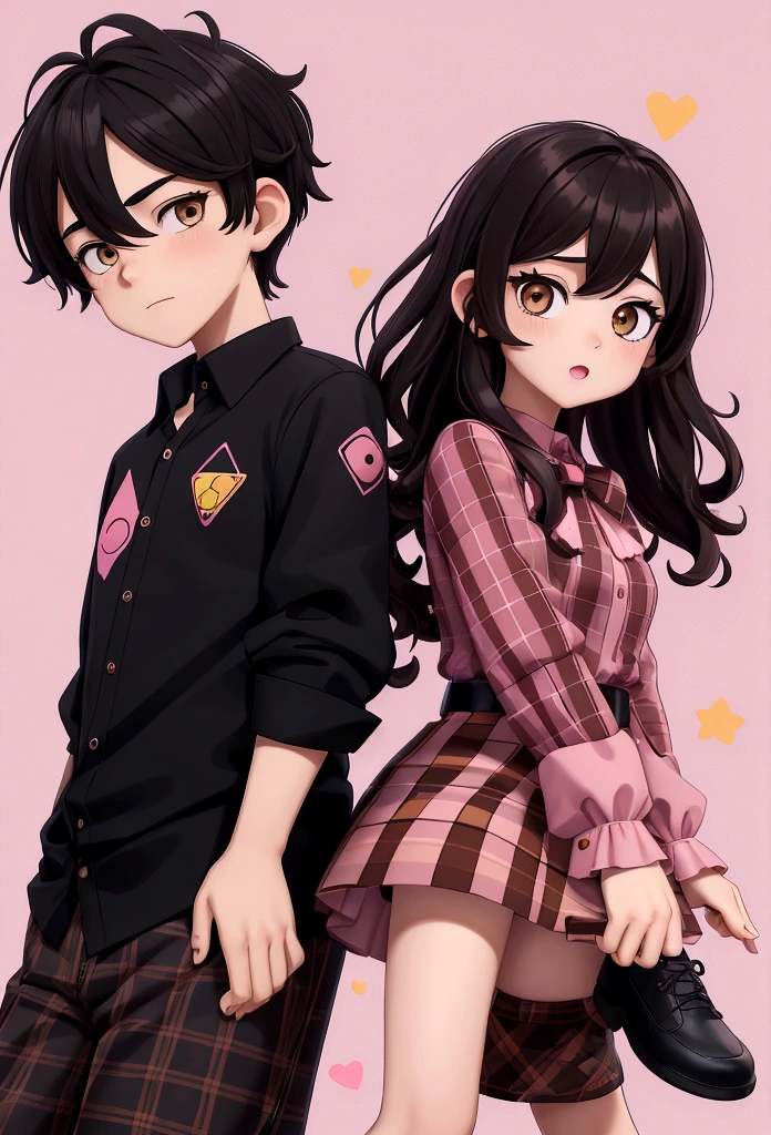 a drawing of a boy and a woman flying through the air, the girl with black red plaid blouse, dark hair and brown eyes, wearing pink kawaii clothes. And a boy with a black t-shirt with a yellow triangle design, Bblack hair, brown eyes and black shoes. Drawing with a galaxy background, and well designed, detailed in great quality