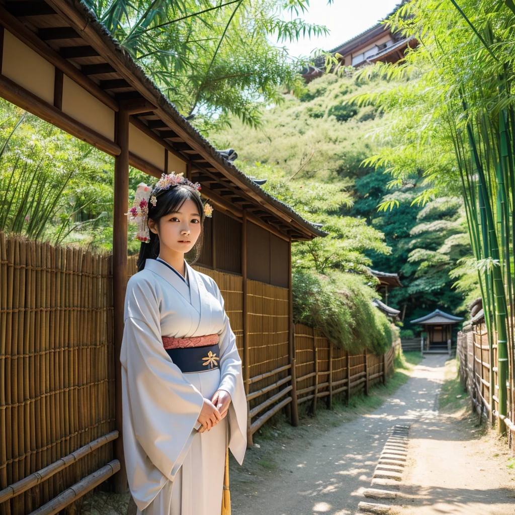 a beautiful japanese girl, wearing a kimono and simple headdress, on a dirt road flanked by high fences made of stone and bamboo like villages in Japan, sunlight exposure, warm lighting, intricate details, extremely detailed, best quality, Ultra HD, 4k, 8k, masterpiece