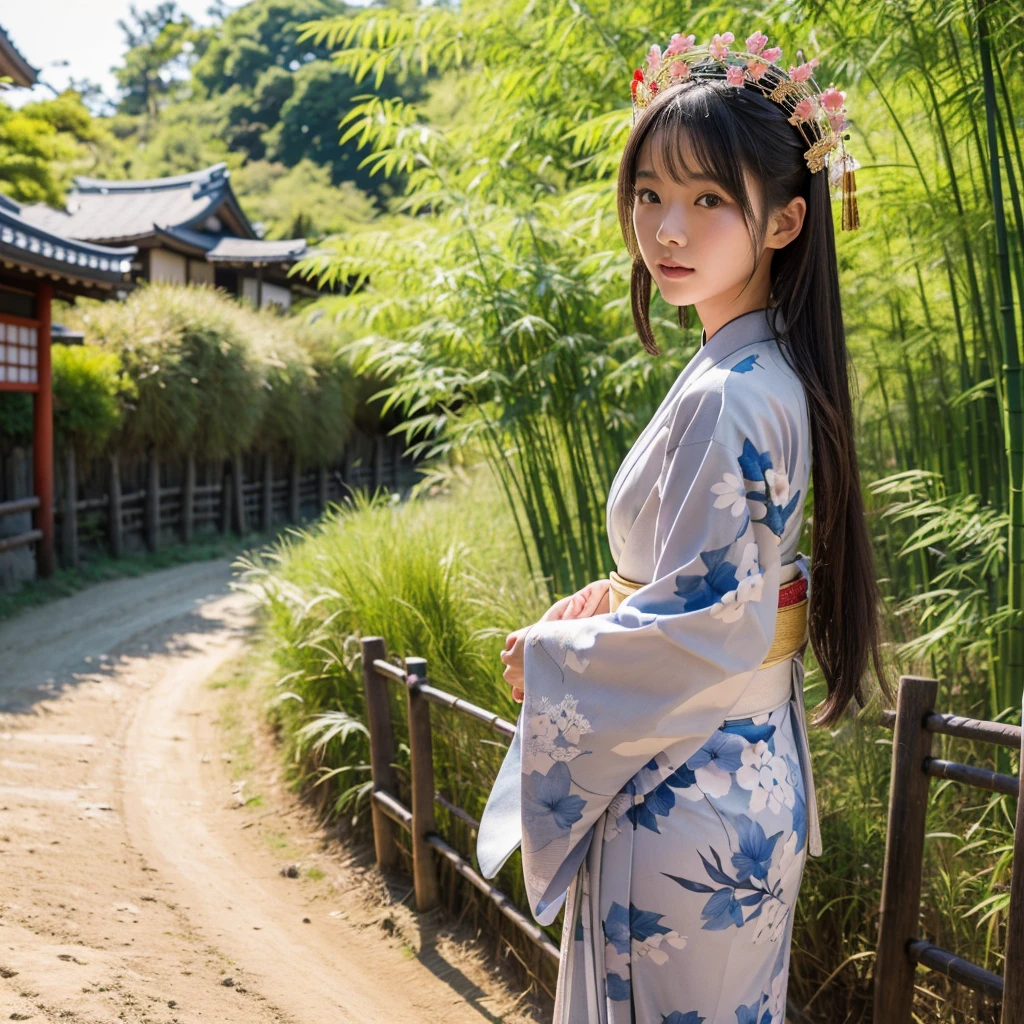 a beautiful japanese girl, wearing a kimono and simple headdress, on a dirt road flanked by high fences made of stone and bamboo like villages in Japan, sunlight exposure, warm lighting, intricate details, extremely detailed, best quality, Ultra HD, 4k, 8k, masterpiece