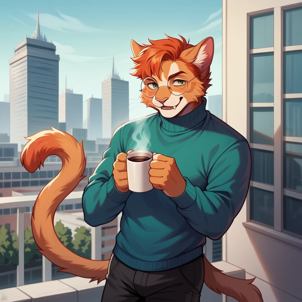 Solo, male, furry art, fursona, ((feline)), (((ginger primary fur))), white secondary, city background, amazing art, masterfully executed, beautiful background, normal body, paws, ginger cat, sweater, pants, coffee, handsome, fangs, cool hair, round glasses, A professional high-quality photo, in 4K resolution, captures in realistic detail
