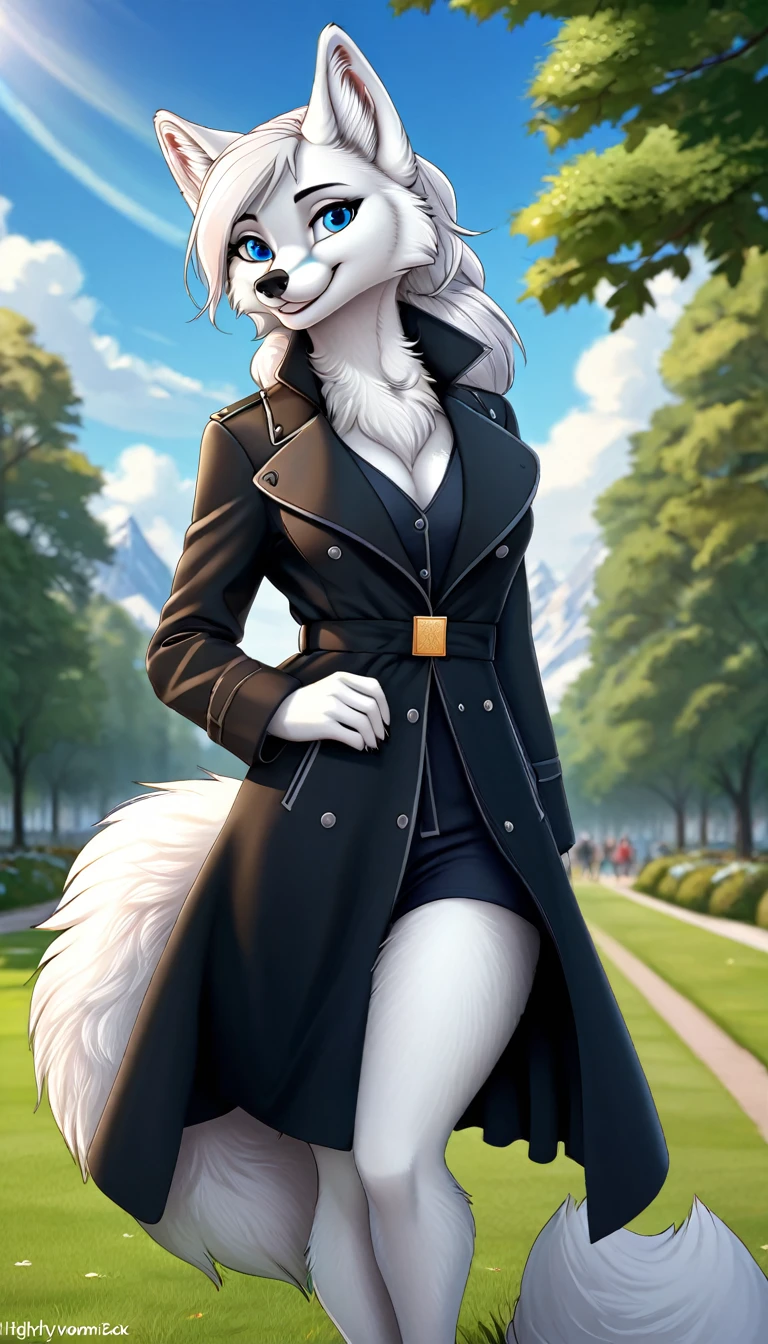 Hairy Women, arctic fox, mammal, A beautiful furry fox girl is standing in a park posing against, She looks at the audience and smiles, Black Trench Coat, looking off to the side, Field of view, sky空, sky, Beautiful blue eyes, Award-winning illustrations|Popular on ArtStation, masterpiece|highly detailed|best quality|HD|8K|uHD|intricate details|extreme_detail