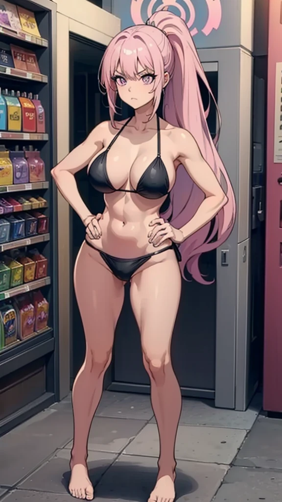 Masterpiece, best quality, Masterpiece, best quality, 1 woman , I , pink hair , ponytail , purple eyes , sly face , black bikini , big breasts , abdomen , Long legs , Put your hands on your hips.... , Barefoot , full body , convenience store ,