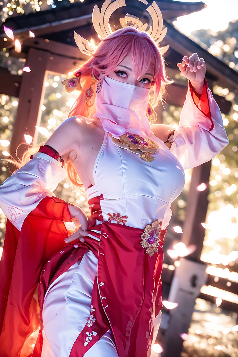 (Extreme Detail CG Unity 8K wallpaper, masterpiece, highest quality), (ulzzang-6500-v1.1:0.4) 1girl, kpop idol, yae miko, detached sleeves, pink hair, long hair, best quality, (photorealistic:1.2), (hair ornament:1.35), jewelry, wearing face veil, (white face veil, silk mask veil:1.2), purple eyes, earrings, (very huge round breasts, big breasts: 1.2), torii, cherry blossoms, lantern light, depth of field, detailed face, face focus, (looking at viewer:1.25), shiny skin, long sleeves, cowboy shot, dynamic pose, (bending forward, Show the armpits, sexypose:1.3), game cg, thigh highs, east asian architecture, blurry background, full body,  elegant posture, focused expression, outdoor shrine setting,
