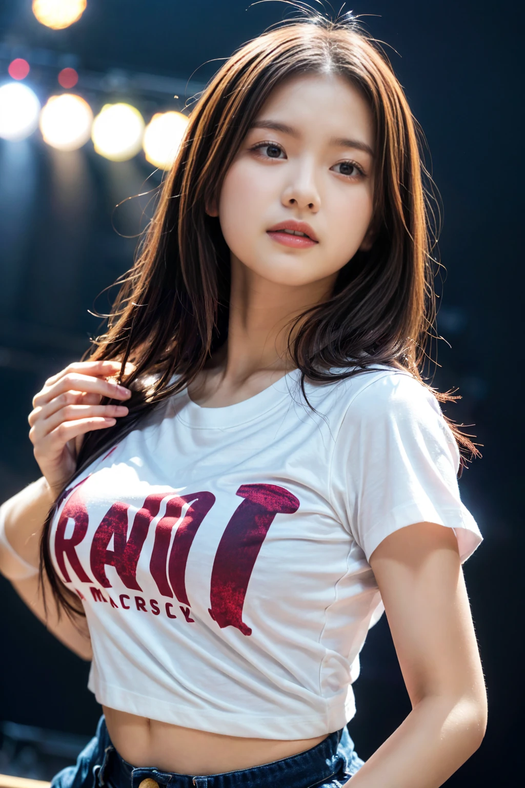(8K, RAW Photos, Highest quality, masterpiece:1.2), masterpiece, super detailed, super high quality, (Realistic and photorealistic photography:1. 37), High-resolution RAW color photos, Very delicate and beautiful, highly detailed, 8k wallpaper, wonderful, detailed, Very eye, very detailed, very detailed skin, very thin fingers, very detailed nose, very detailed mouth, Perfect Anatomy, BREAK,18 year old girl, (boyish:1.15), (mannish:1.1), Big Natural Color Lip, (Plumpy body:1.2), (smooth skin:1.1), (medium large breasts:1.0 BREAK, (Concert T-shirts:1.2)