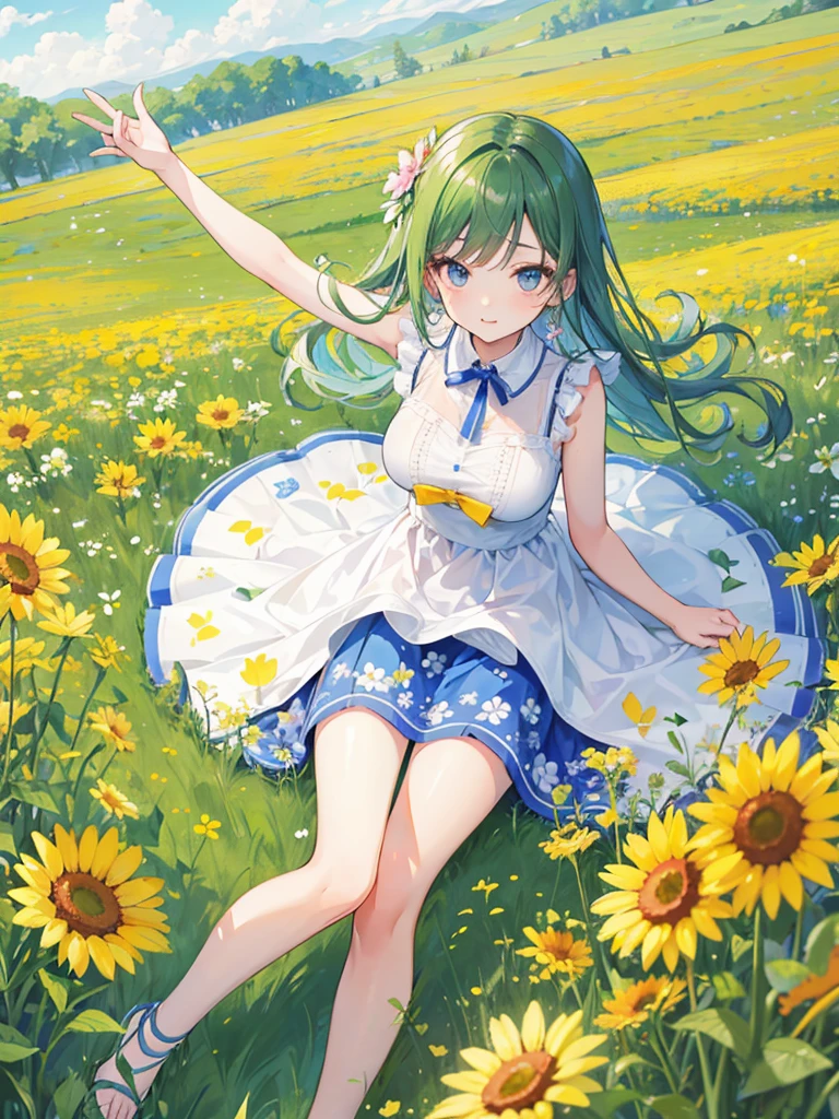 masterpiece, high-quality, a beautiful young woman having fun in a wide grassland, wearing a floral sleeveless top, wearing a flowy knee-length skirt, the background is a sunny meadow, perfect face, perfect hands