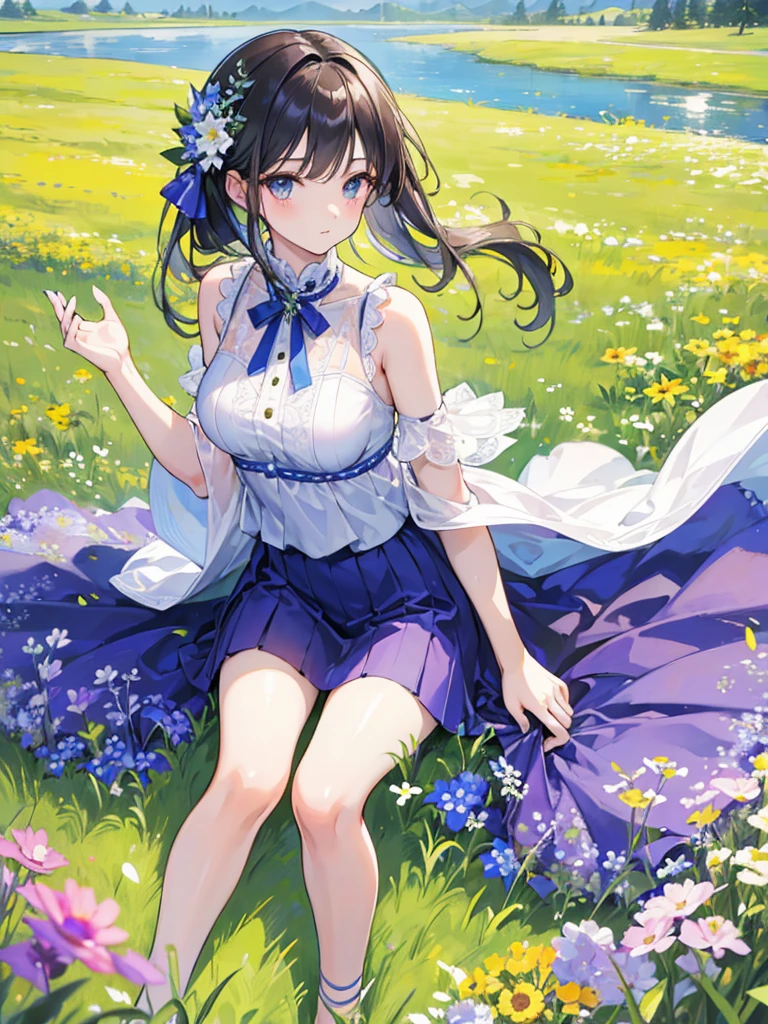 masterpiece, high-quality, a beautiful young woman having fun in a wide grassland, wearing a floral sleeveless top, wearing a flowy knee-length skirt, the background is a sunny meadow, perfect face, perfect hands