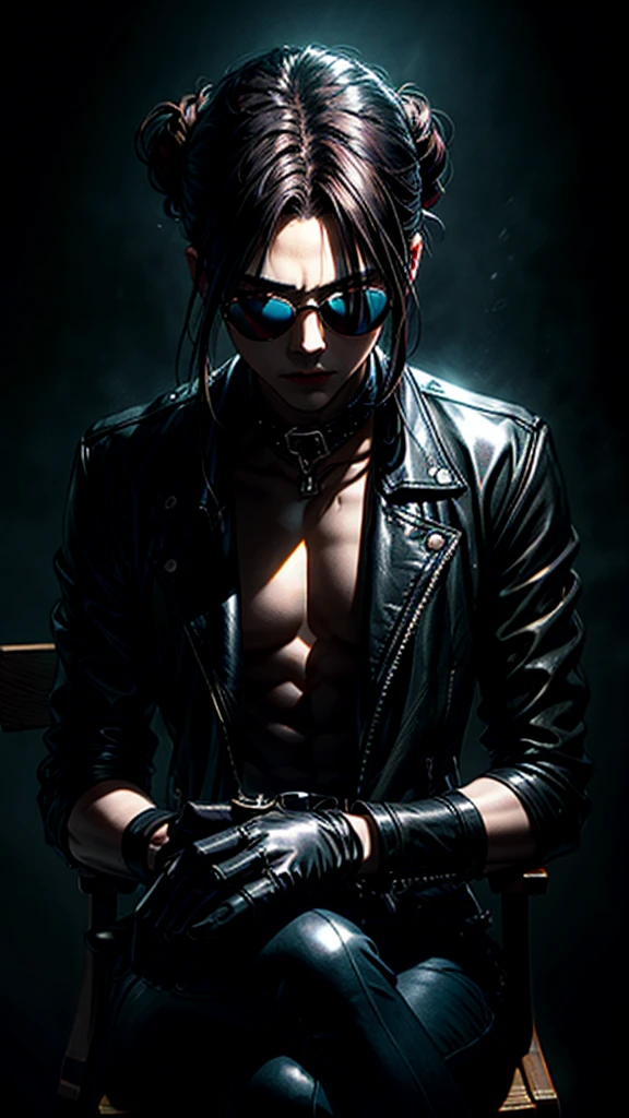 a stylish korean man with long hair tied in bun, wearing black round sunglasses, black leather gloves, dark clothing, sitting on a chair in a dark environment, dynamic point of view, best quality, ultra-detailed, photorealistic, vivid colors, dramatic lighting, chiaroscuro, dark and moody atmosphere, masculine, charismatic, punk style