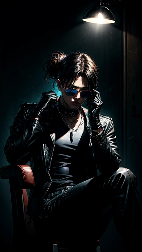 a stylish korean man with long hair tied in bun, wearing black round sunglasses, black leather gloves, dark clothing, sitting on a chair in a dark environment, dynamic point of view, best quality, ultra-detailed, photorealistic, vivid colors, dramatic lighting, chiaroscuro, dark and moody atmosphere, masculine, charismatic, punk style