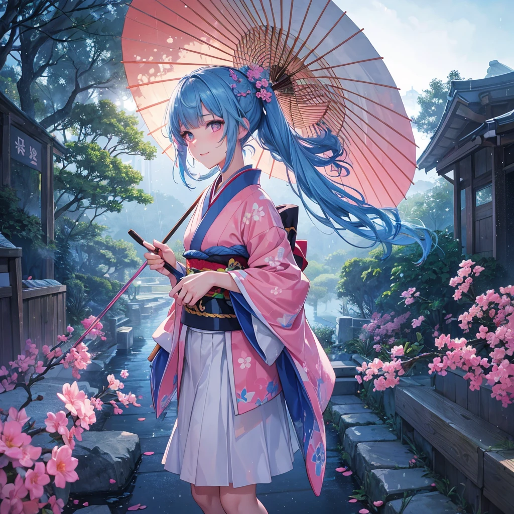 sky Blue hair, (braided ponytail),(pink eyes),fair skin ,(full body),(1 girl),smile,Straight Bangs,(masterpiece, best quality, ultra-detailed, best shadow), (detailed background), (beautiful detailed face), high contrast, (best illumination, an extremely delicate and beautiful), ((cinematic light)), colorful, hyper detail, dramatic light, intricate details,rain shower,kyoto,Japanese Umbrella,kimono,