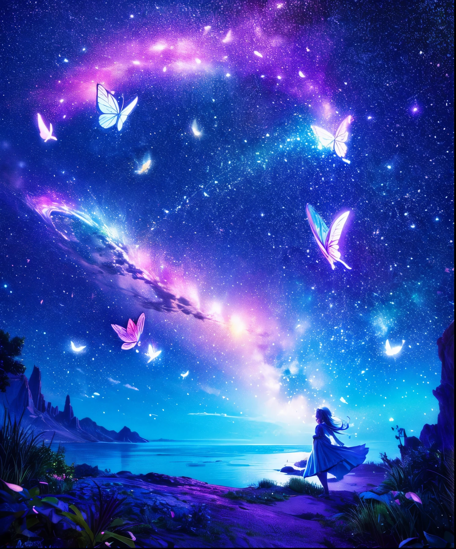 Cute girl characters、Depicts a scene of lush butterflies flying over the water, Looking up at the starry sky. Surround her with colorful nebulae and colorful forests.