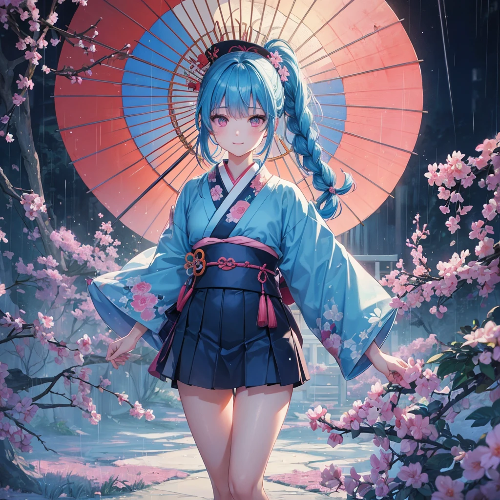 sky Blue hair, (braided ponytail),(pink eyes),fair skin ,(full body),(1 girl),smile,Straight Bangs,(masterpiece, best quality, ultra-detailed, best shadow), (detailed background), (beautiful detailed face), high contrast, (best illumination, an extremely delicate and beautiful), ((cinematic light)), colorful, hyper detail, dramatic light, intricate details,rain shower,kyoto,Japanese Umbrella,kimono,