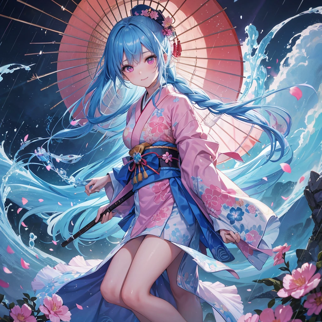 sky Blue hair, (braided ponytail),(pink eyes),fair skin ,(full body),(1 girl),smile,Straight Bangs,(masterpiece, best quality, ultra-detailed, best shadow), (detailed background), (beautiful detailed face), high contrast, (best illumination, an extremely delicate and beautiful), ((cinematic light)), colorful, hyper detail, dramatic light, intricate details,rain shower,kyoto,Japanese Umbrella,kimono,