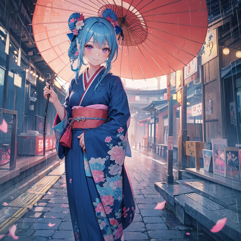 sky Blue hair, (braided ponytail),(pink eyes),fair skin ,(full body),(1 girl),smile,Straight Bangs,(masterpiece, best quality, ultra-detailed, best shadow), (detailed background), (beautiful detailed face), high contrast, (best illumination, an extremely delicate and beautiful), ((cinematic light)), colorful, hyper detail, dramatic light, intricate details,rain shower,kyoto,Japanese Umbrella,kimono,