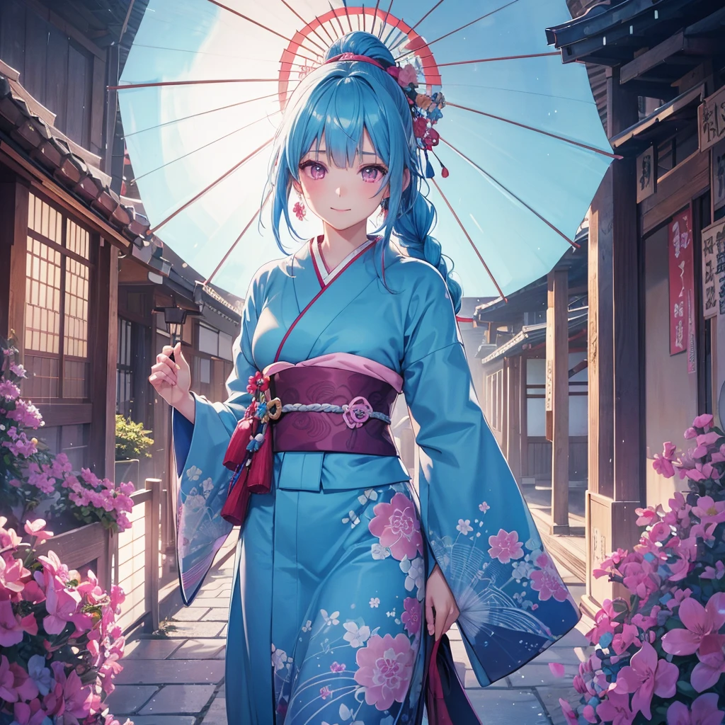 sky Blue hair, (braided ponytail),(pink eyes),fair skin ,(full body),(1 girl),smile,Straight Bangs,(masterpiece, best quality, ultra-detailed, best shadow), (detailed background), (beautiful detailed face), high contrast, (best illumination, an extremely delicate and beautiful), ((cinematic light)), colorful, hyper detail, dramatic light, intricate details,rain shower,kyoto,Japanese Umbrella,kimono,