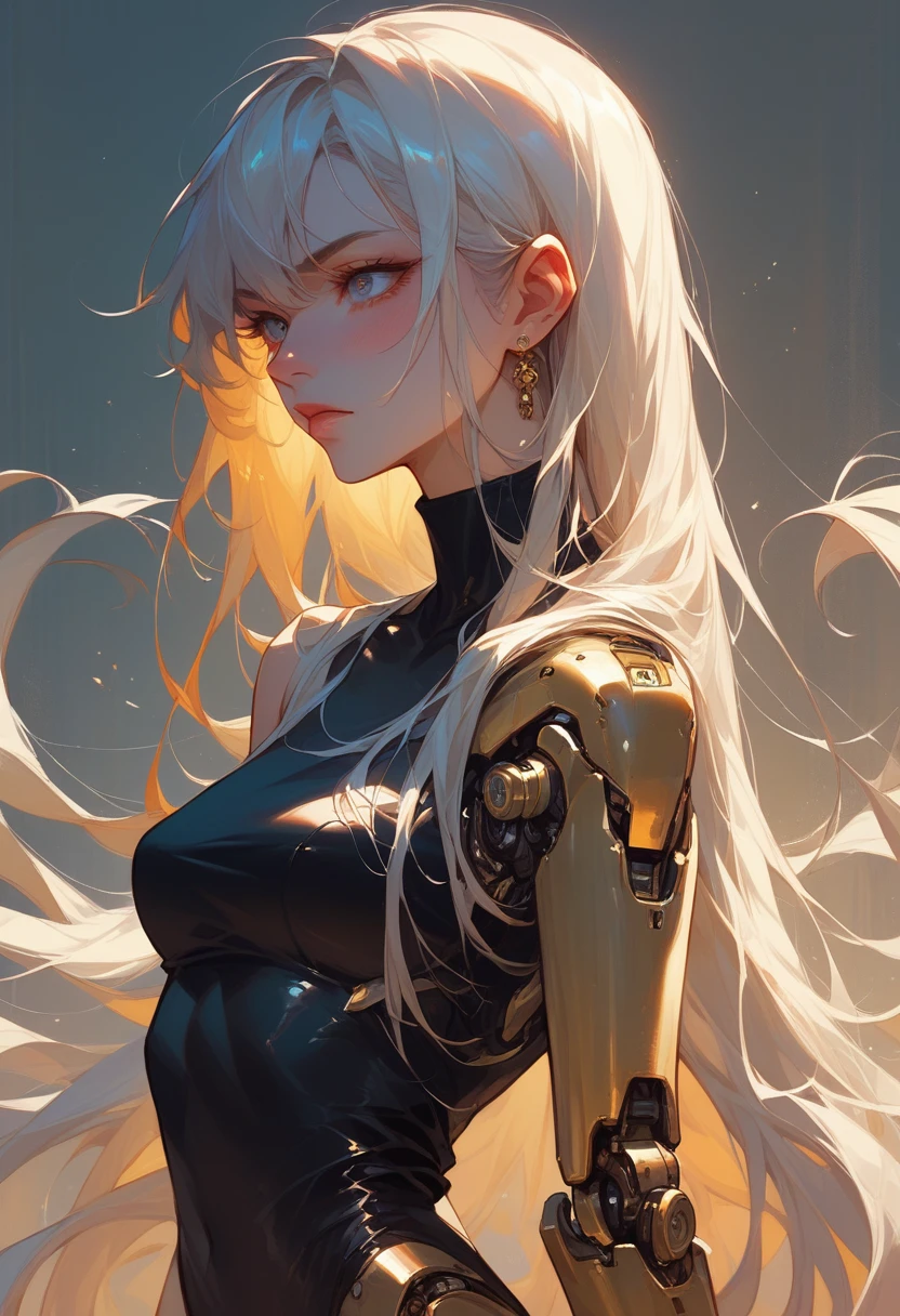 8K、Very detailed、Black semi-long hair、Black and Gold Cyborg、Data is transferred、Research Facilities、woman