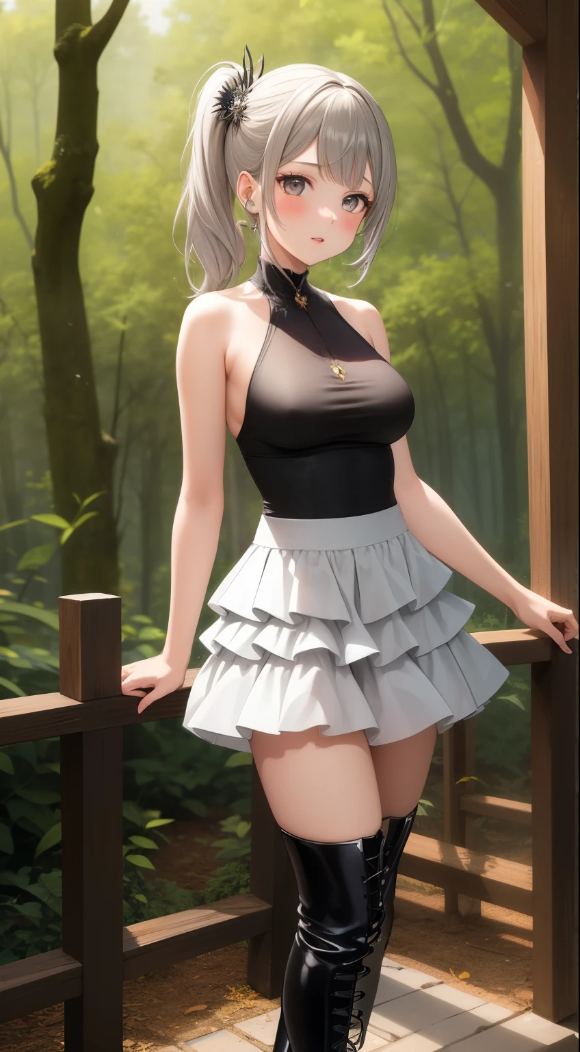 masterpiece, best quality, highly detailed, ultra high res, ayase arisa, 1girl, solo, hair ornament, short ash grey hair, side ponytail, glossy lips, sleeveless halter-top witch dress, witch dress, medium breasts, standing, thigh boots, forest, puffy skirt, layered skirt, tiered skirt