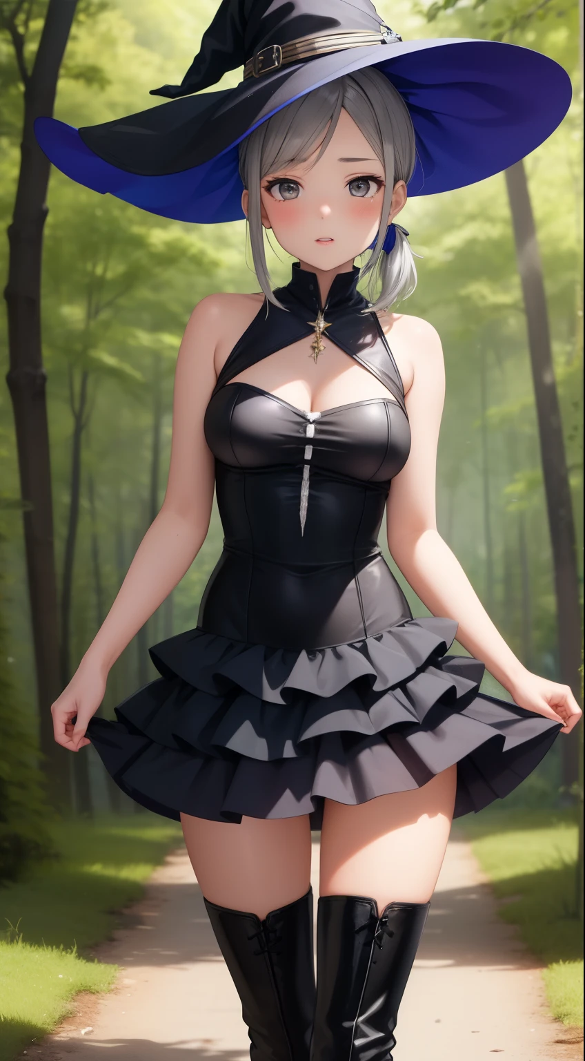 masterpiece, best quality, highly detailed, ultra high res, ayase arisa, 1girl, solo, hair ornament, short ash grey hair, side ponytail, glossy lips, sleeveless halter-top witch dress, witch dress, medium breasts, standing, thigh boots, forest, puffy skirt, layered skirt, tiered skirt