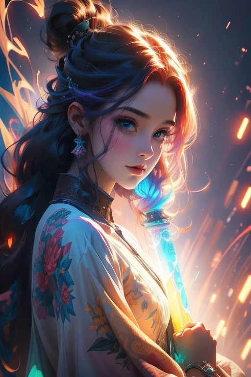 Beautiful girl 20 years old with bright hair and a rainbow dress, colorful digital fantasy art, Rossdros Pastel Bright, Rossdraws cartoon bright, beautiful digital artwork, Colorful glow, gorgeous digital art, glows with colored light, Portrait of a girl with a glowing wave, Detailed 4K digital art, Highly detailed 4K digital art, bright fantasy style, beautiful digital art, beautiful gorgeous digital art, glowing colors
