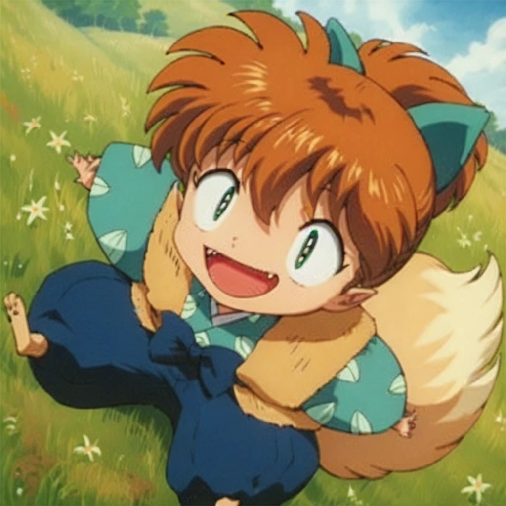Shippo happy, blond fox ears, field
