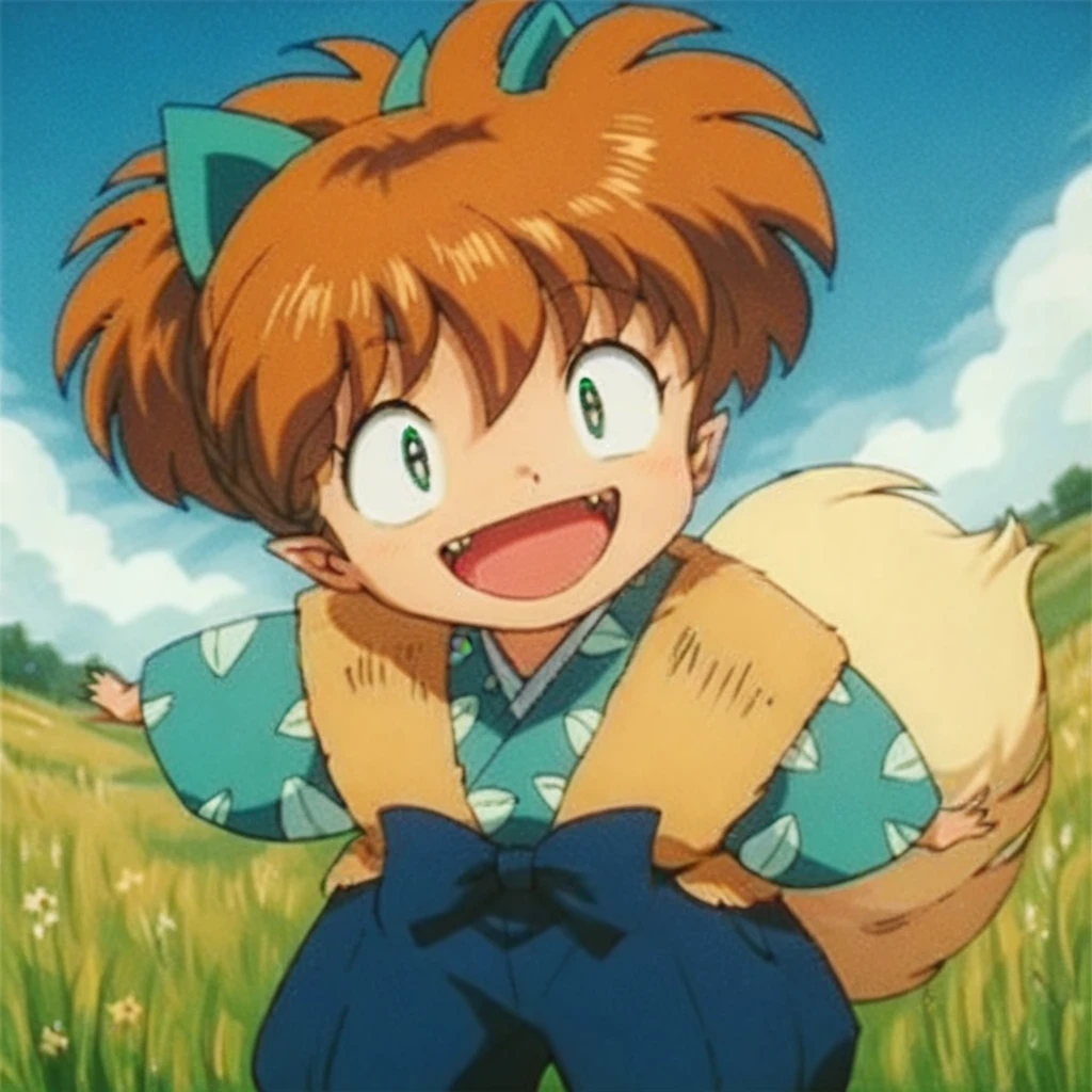 Shippo happy, blond fox ears, field