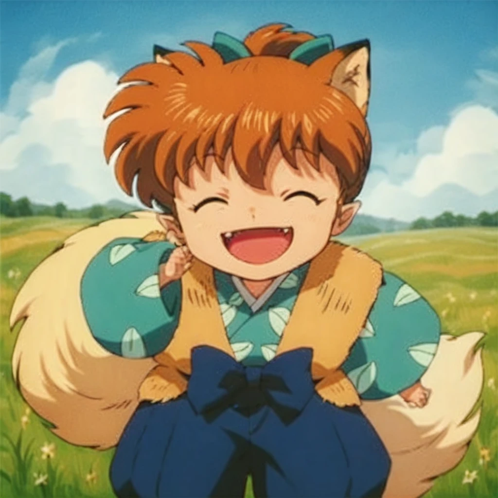 Shippo happy, blond fox ears, field
