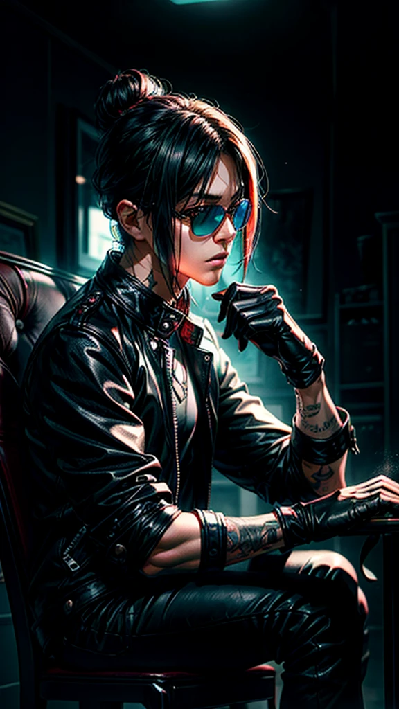 a stylish korean man with long hair tied in bun, wearing black round sunglasses, black leather gloves, dark clothing, sitting on a chair in a dark environment, dynamic point of view, best quality, ultra-detailed, photorealistic, vivid colors, dramatic lighting, chiaroscuro, dark and moody atmosphere, masculine, charismatic, punk style
