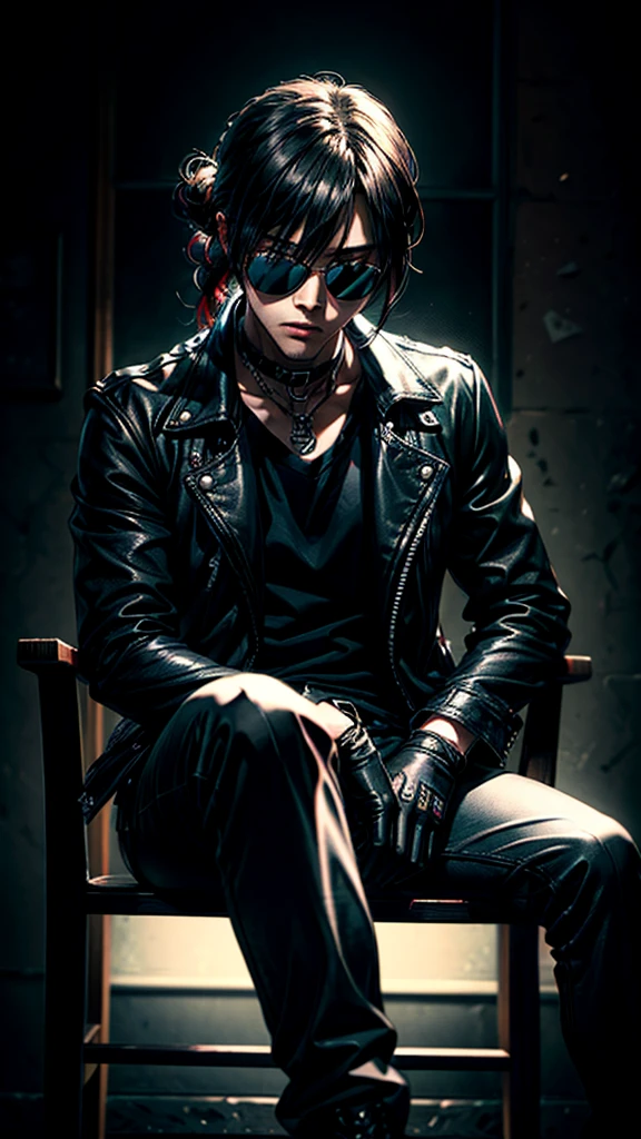 a stylish korean man with long hair tied in bun, wearing black round sunglasses, black leather gloves, dark clothing, sitting on a chair in a dark environment, dynamic point of view, best quality, ultra-detailed, photorealistic, vivid colors, dramatic lighting, chiaroscuro, dark and moody atmosphere, masculine, charismatic, punk style