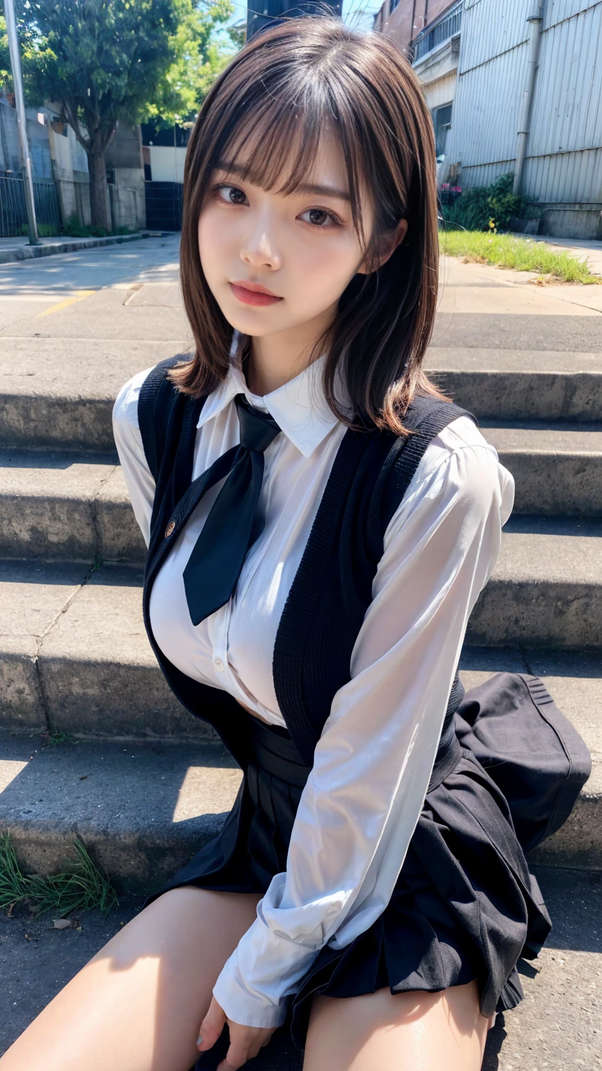 (8K, RAW Photos, Highest quality, masterpiece:1.2), masterpiece, super detailed, super high quality, (Realistic and photorealistic photography:1. 37), High-resolution RAW color photos, Very delicate and beautiful, highly detailed, 8k wallpaper, wonderful, detailed, Very eye, very detailed, very detailed skin, very thin fingers, very detailed nose, very detailed mouth, Perfect Anatomy, BREAK,18 year old girl, moped, short hair, emphasize breasts, huge breasts, colossal tits, very huge round breasts, beauty legs, (Spread your legs:1.2), (Open your legs:1.2), Hands between legs, (perfect body shape:1.1), Big Natural Color Lip, Small and round face, cute type, ta, (Details High quality, realistic depiction of eyes:1.3), Beautiful makeup, glitter makeup, BREAK, skirt, socks, black socks, pleated skirt, kneehighs, white shirt, blue necktie, long sleeves, vest, collared shirt, BREAK, (sitting on a step:1.2), bold sexy pose