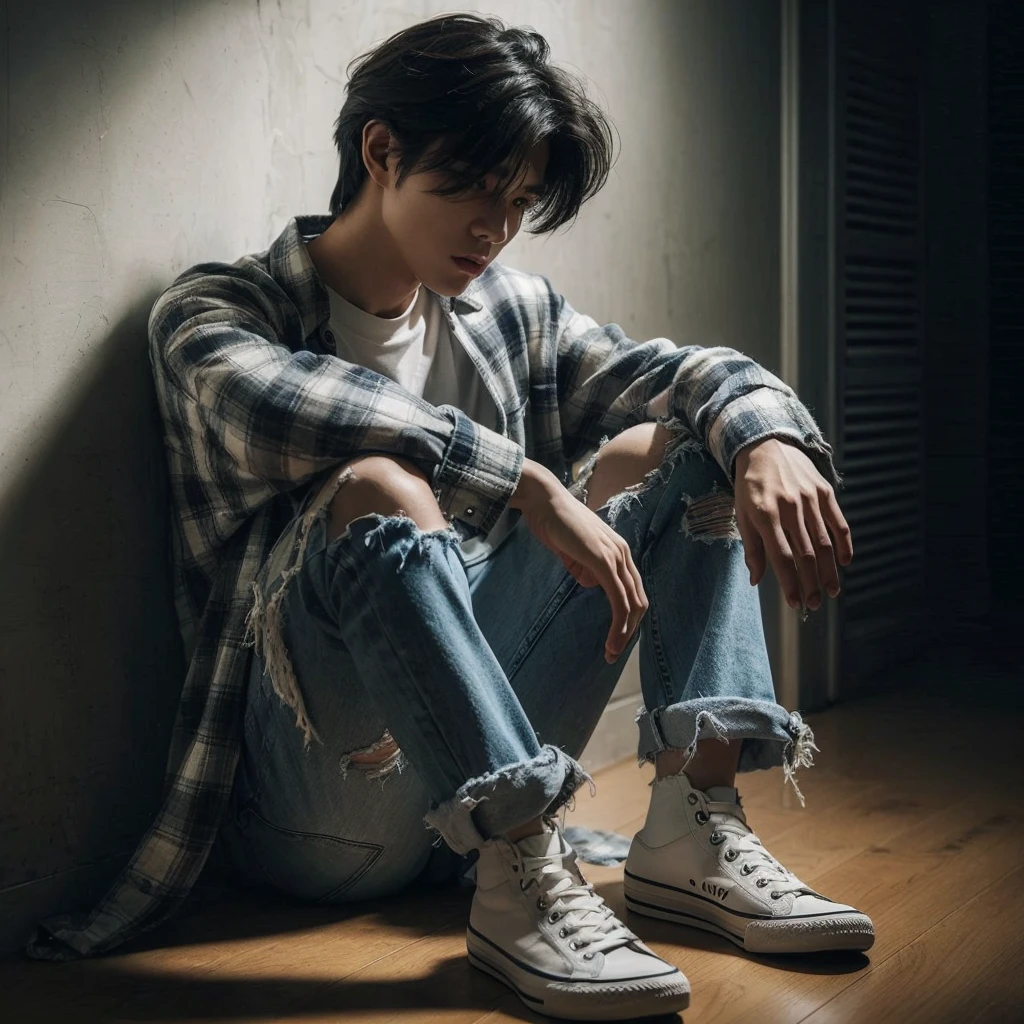 long shoot portrait, a 27-year-old Korean short mullet-haired man, wearing white shirts with flannel shirts torn blue jeans, ideal body, ideal height, sitting crouching on the floor leaning against a wall in a dark hallway with one light light, dim light, face down, realistic photo, ultra realistic, ultra-resolution, ultra-quality, ultra-resolution, ultra-resolution, very detail, 16k