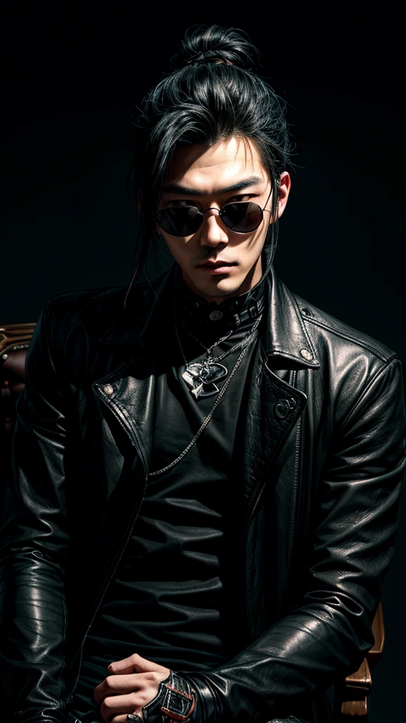 a stylish korean man with long hair tied in bun, wearing black round sunglasses, black leather gloves, dark clothing, sitting on a chair in a dark environment, dynamic point of view, best quality, ultra-detailed, photorealistic, vivid colors, dramatic lighting, chiaroscuro, dark and moody atmosphere, masculine, charismatic, punk style