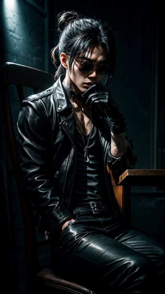 a stylish korean man with long hair tied in bun, wearing black round sunglasses, black leather gloves, dark clothing, sitting on a chair in a dark environment, dynamic point of view, best quality, ultra-detailed, photorealistic, vivid colors, dramatic lighting, chiaroscuro, dark and moody atmosphere, masculine, charismatic, punk style