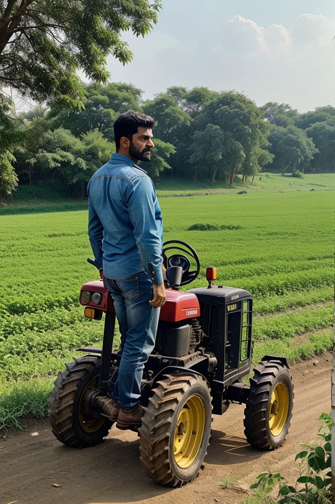 Ek farmer tractor ka pass khada h khato me