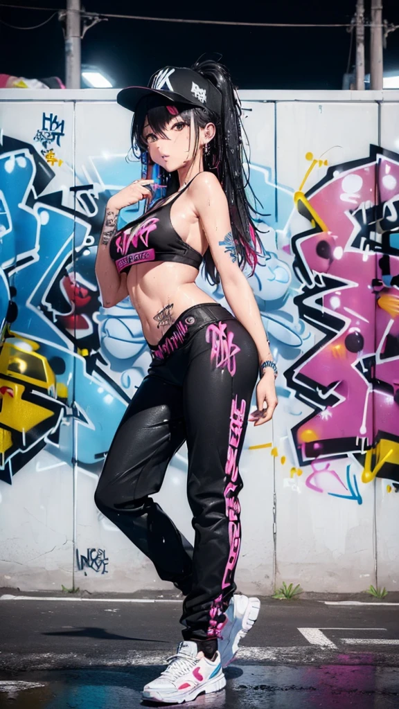 (((graffiti:1.4))),(background blurring:1.2),shibuya at night,(night_sky:1.4),(masterpiece,best quality:1.2),(8k),shiny skin,detailed skin,detailed face,detailed eyes,(wet road surface:1.3),1girl,(hip hop dancer:1.4),beautiful face,(Cinematic Lighting:1.3),((night:1.4)),straight_hair,(depth of field:1.2),(looking_to_the_side:1.2),looking_afar,medium breasts BREAK
(((hip-hop girl:1.3))),BREAK
((Hip Hop Fashion)),(graffiti wall:1.3),(use of colorful colors:1.3),((クローズアップ:1.2))