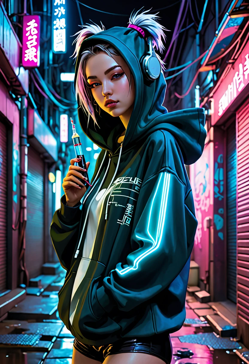 In the back alleys of a cyberpunk city、A beautiful girl around 17 years old wearing a futuristic hoodie、Holding a syringe and listening to music