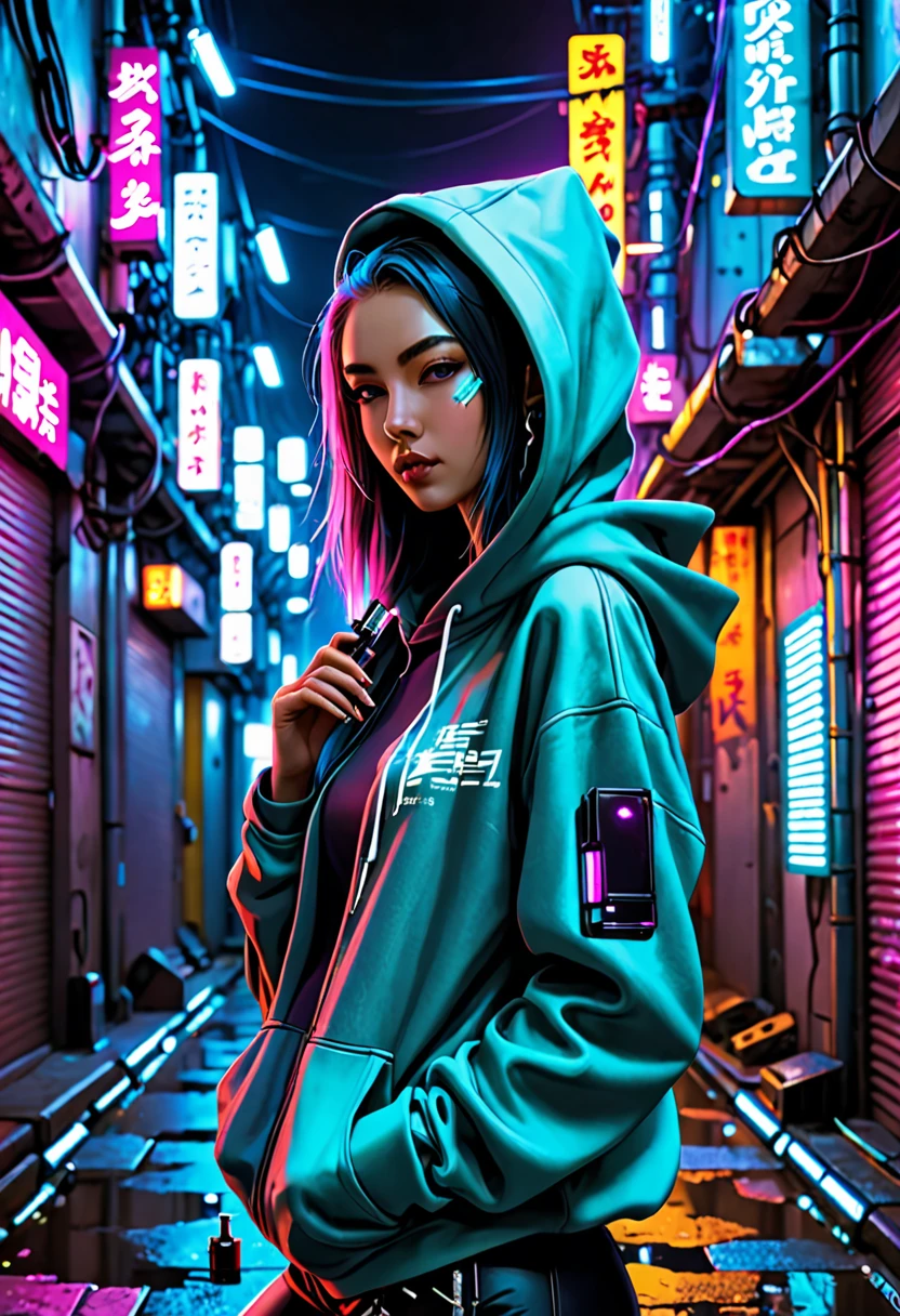 In the back alleys of a cyberpunk city、A beautiful girl around 17 years old wearing a futuristic hoodie、Holding a syringe and listening to music