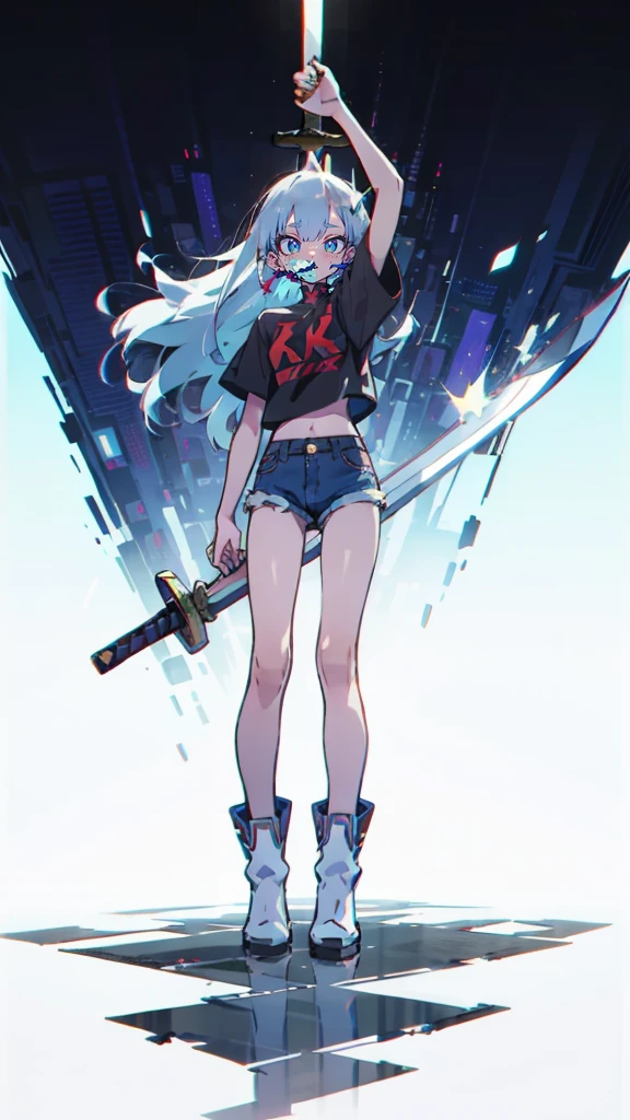 Masterpiece,High quality,high resolution,Wear a Kansas t-shirt., Denim shorts and white cowboy boots.,Background of the city,female warrior,sword in right hand,Girl with long hair,full body view,Perfect arms,perfect legs,Perfect beautiful skin,perfect standing posture