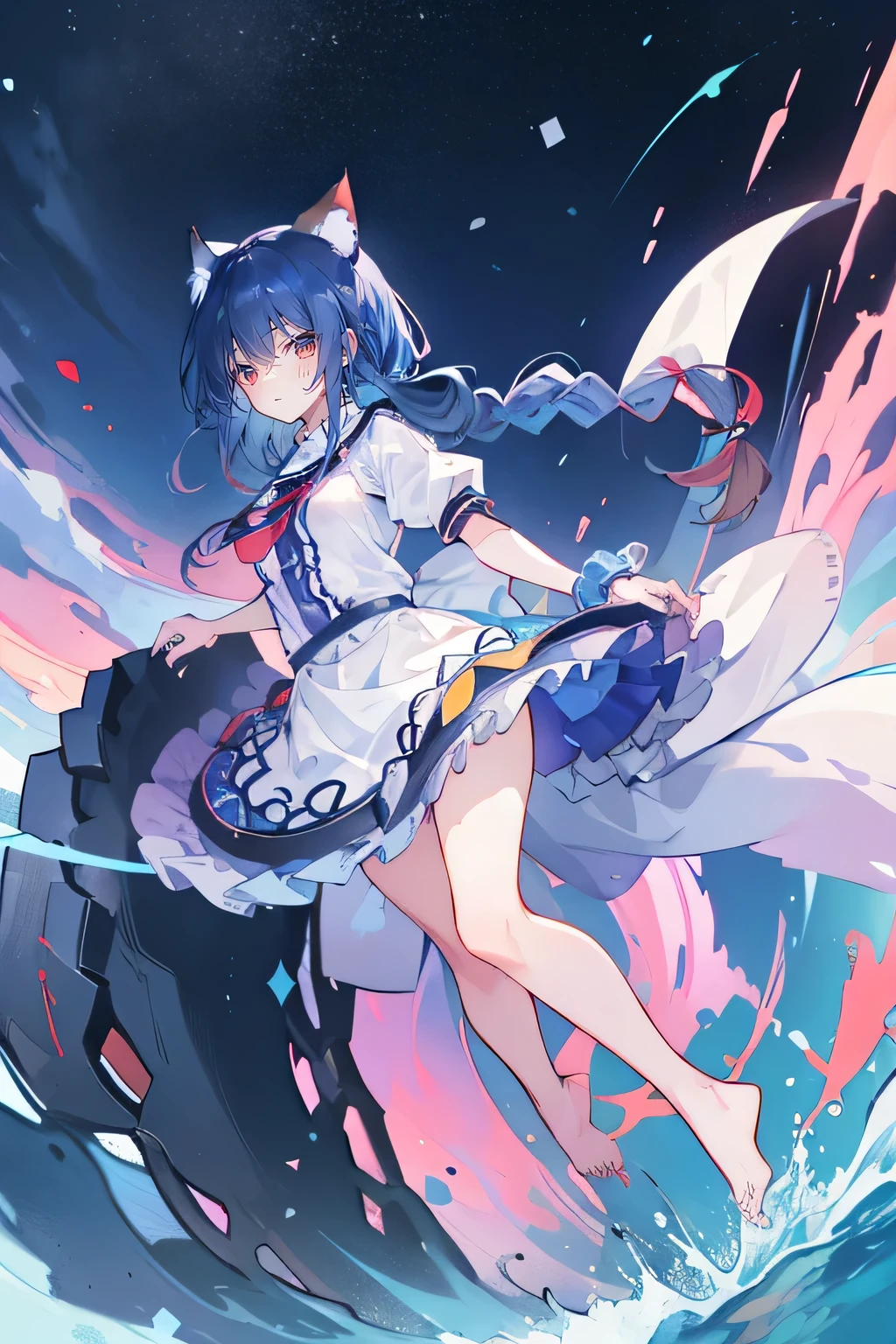 (masterpiece:1.2),Super detailed,lifelike,Expressive eyes,fair skin,perfect face shape,1 girl,
Japanese comics,Gorgeous blue hair,flowing blue hair,flowing clothes,Cat ears,Petals fall,beautiful lola,Baby Angel,sunrise,
Shaking head with one hand,Cross your legs,Gentle and peaceful background,The pavilion is cool and comfortable,smile, wearing hoodie, background of tokyo,back views,snowing, winter,seaside,wet clothes,A smile,A faint smile,。dark blue gradient hair,asymmetrical hair,((Hair is very thick 1.8,Chiseled hair 1.6)), Hair over the shoulders, Messy hair, Very long hair, shiny hair,(long dark blue hair:1.2),A beautiful girl,(Transparent clothes transparent 1.8),Perfect body,Big thin legs,slender,(Looks very sad,Looks haggard ,sadness,shut your mouth:1.2) Against the backdrop of an unusually bright dark starry sky,(Put your hands behind your back),(round,Room, Strong breasts),barefoot,float,water surface,(long legs,long legs,long legs,Completefgo style,like \(destiny\), like Adult, hair length, underwear, masterpiece, Top quality, 1 Girl, looking at the audience,(((braid)))、shameful face、Embarrassed face、Long body、huge 、