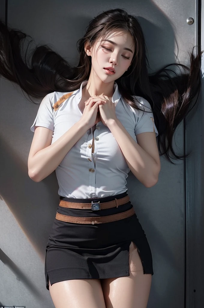 The shirt fell off, revealing her large breasts.,(perfect anatomy, Anatomically correct, Very detailed skin), 1 woman, ((Thai University Uniform:1.6)), from the front, Shiny skin, fine hair, detailed face, Detailed eyes, long hair, ((natural smooth)), beautiful body, normal breasts, beautiful thighs, Beautiful legs, camel toe, ((Fine fabric, button down white shirt, belt, (black tight skirt), short skirt:1.3, (Tattered skirt:1.6), high-heels)), white panties, ((Close your eyes:1.6)), (sleep), (Lie flat on your back.:1.7), ((Place both hands on the sides of her thighs.:1.9)), on the floor, storage room, ((be unconscious:1.7)), (rape), painful, Tattered, tear, (8K, Highest quality, Masterpiece:1.2, very detailed), (realistic, photorealistic:1.4), beautiful illustrations, The light in the room is dim.,