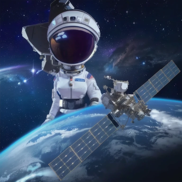 cartoon of a woman in a space suit with a satellite in her hand, an alien musician lost in space, deepspace exploration!!!, girl in space, on space station, in space, small spacecraft in background, on a space station, moon mission, deep space exploration!!!, in deep space, gas station in space, space satellites, in spacesuit, space station
