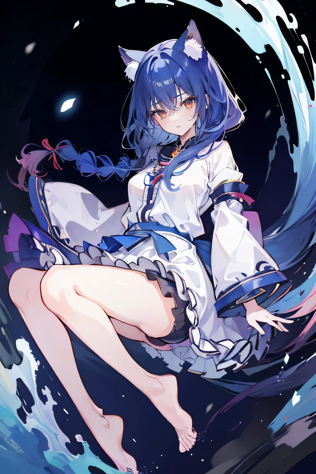 (masterpiece:1.2),Super detailed,lifelike,Expressive eyes,fair skin,perfect face shape,1 girl,
Japanese comics,Gorgeous blue hair,flowing blue hair,flowing clothes,Cat ears,Petals fall,beautiful lola,Baby Angel,sunrise,
Shaking head with one hand,Cross your legs,Gentle and peaceful background,The pavilion is cool and comfortable,smile, wearing hoodie, background of tokyo,back views,snowing, winter,seaside,wet clothes,A smile,A faint smile,。dark blue gradient hair,asymmetrical hair,((Hair is very thick 1.8,Chiseled hair 1.6)), Hair over the shoulders, Messy hair, Very long hair, shiny hair,(long dark blue hair:1.2),A beautiful girl,(Transparent clothes transparent 1.8),Perfect body,Big thin legs,slender,(Looks very sad,Looks haggard ,sadness,shut your mouth:1.2) Against the backdrop of an unusually bright dark starry sky,(Put your hands behind your back),(round,Room, Strong breasts),barefoot,float,water surface,(long legs,long legs,long legs,Completefgo style,like \(destiny\), like Adult, hair length, underwear, masterpiece, Top quality, 1 Girl, looking at the audience,(((braid)))、shameful face、Embarrassed face、Long body、huge 、