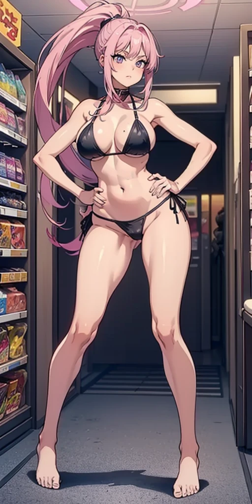 Masterpiece, best quality, Masterpiece, best quality, 1 woman , I , pink hair , ponytail , purple eyes , sly face , black bikini , big breasts , abdomen , Long legs , Put your hands on your hips.... , Barefoot , full body , convenience store ,