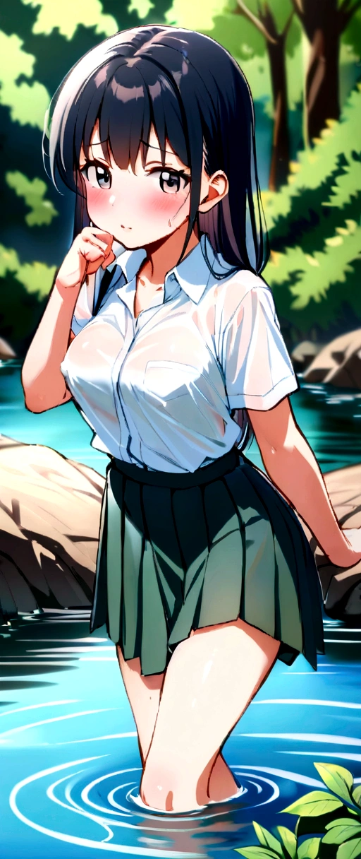 NSFW,Girl playing in the river,high school student,Japanese,((See-through shirt, uniform),, black hair ,no good,medium breast,