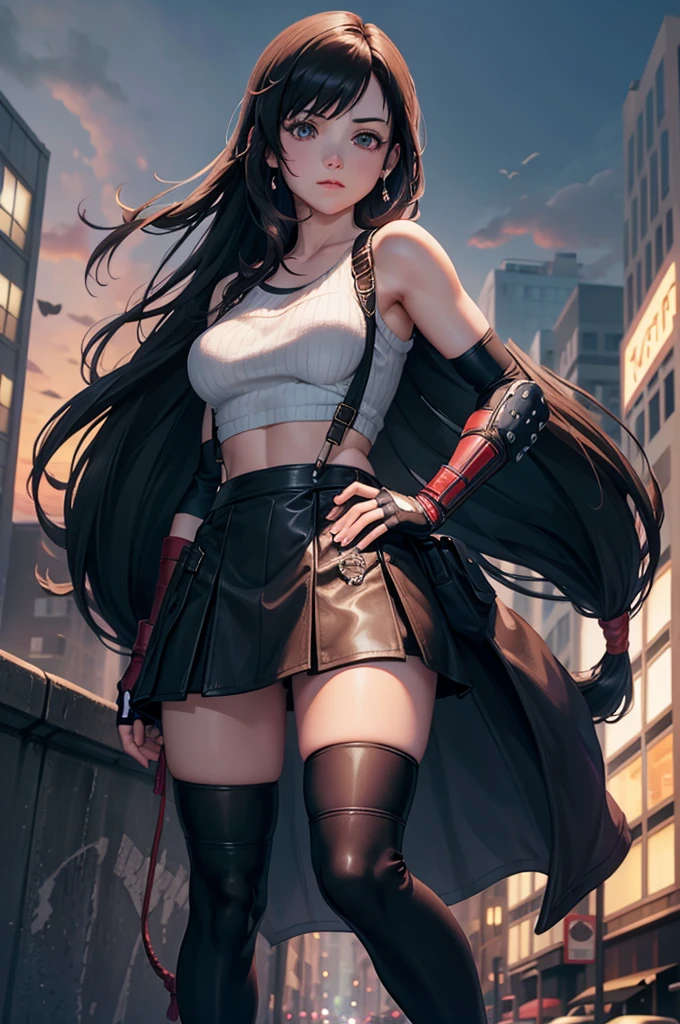 perfect eyes:1.2, detailed eyes:1.4, serious, hand on hip, night, city, metTifa, red eyes, low-tied long hair, earrings, cropped sweater, blue sweater, off-shoulder, short sleeves, suspender skirt, elbow gloves, armored legwear, medium full shot, thigh-level shot, 1girl,(masterpiece:1.6, best quality),