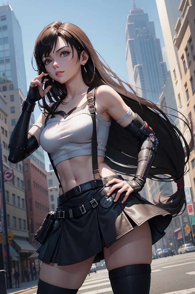 perfect eyes:1.2, detailed eyes:1.4, serious, hand on hip, night, city, metTifa, red eyes, low-tied long hair, earrings, cropped sweater, blue sweater, off-shoulder, short sleeves, suspender skirt, elbow gloves, armored legwear, medium full shot, thigh-level shot, 1girl,(masterpiece:1.6, best quality),