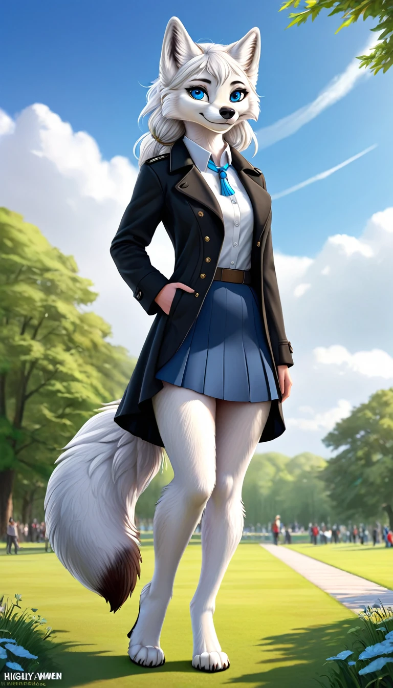 Hairy Women, arctic fox, mammal, A beautiful furry fox girl is standing in a park posing against, She looks at the audience and smiles, Black Trench Coat, Short skirt, looking off to the side, Field of view, sky空, sky, Beautiful blue eyes, Award-winning illustrations|Popular on ArtStation, masterpiece|highly detailed|best quality|HD|8K|uHD|intricate details|extreme_detail