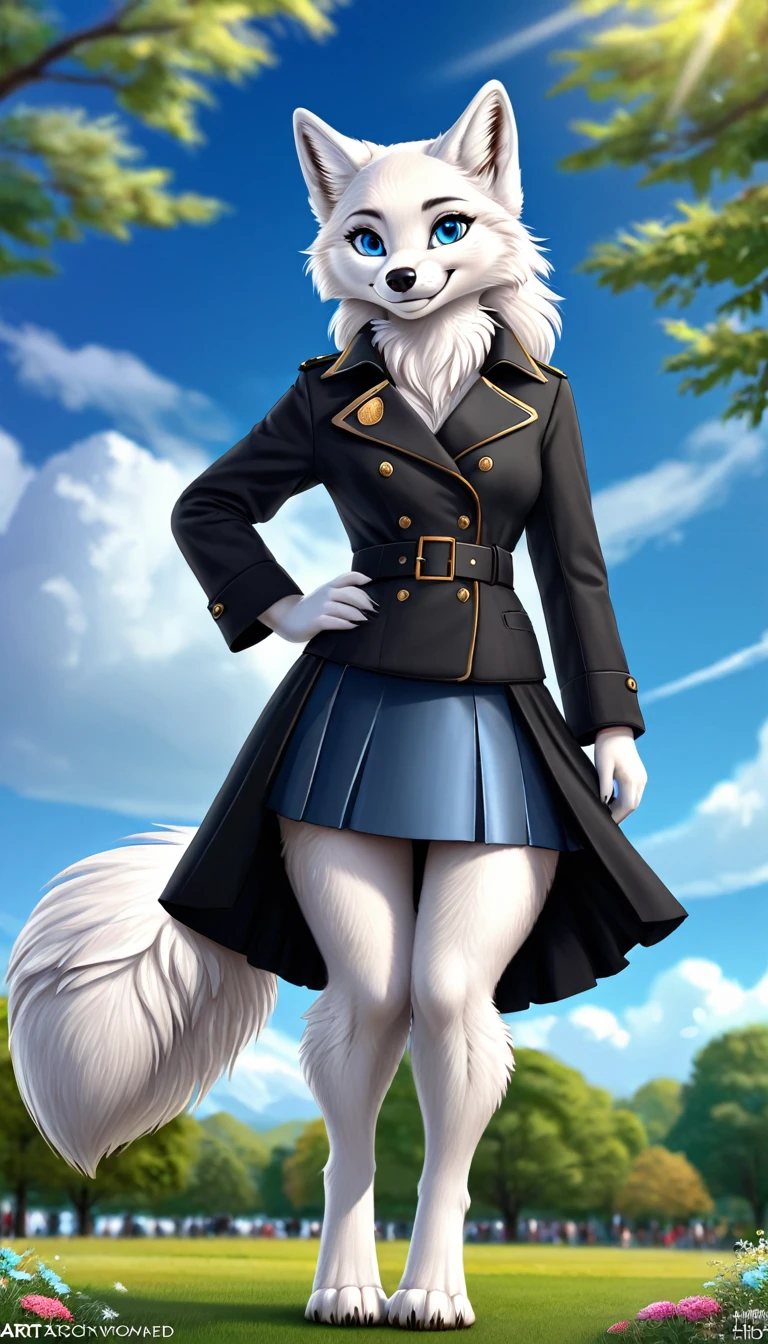 Hairy Women, arctic fox, mammal, A beautiful furry fox girl is standing in a park posing against, She looks at the audience and smiles, Black Trench Coat, Short skirt, looking off to the side, Field of view, sky空, sky, Beautiful blue eyes, Award-winning illustrations|Popular on ArtStation, masterpiece|highly detailed|best quality|HD|8K|uHD|intricate details|extreme_detail