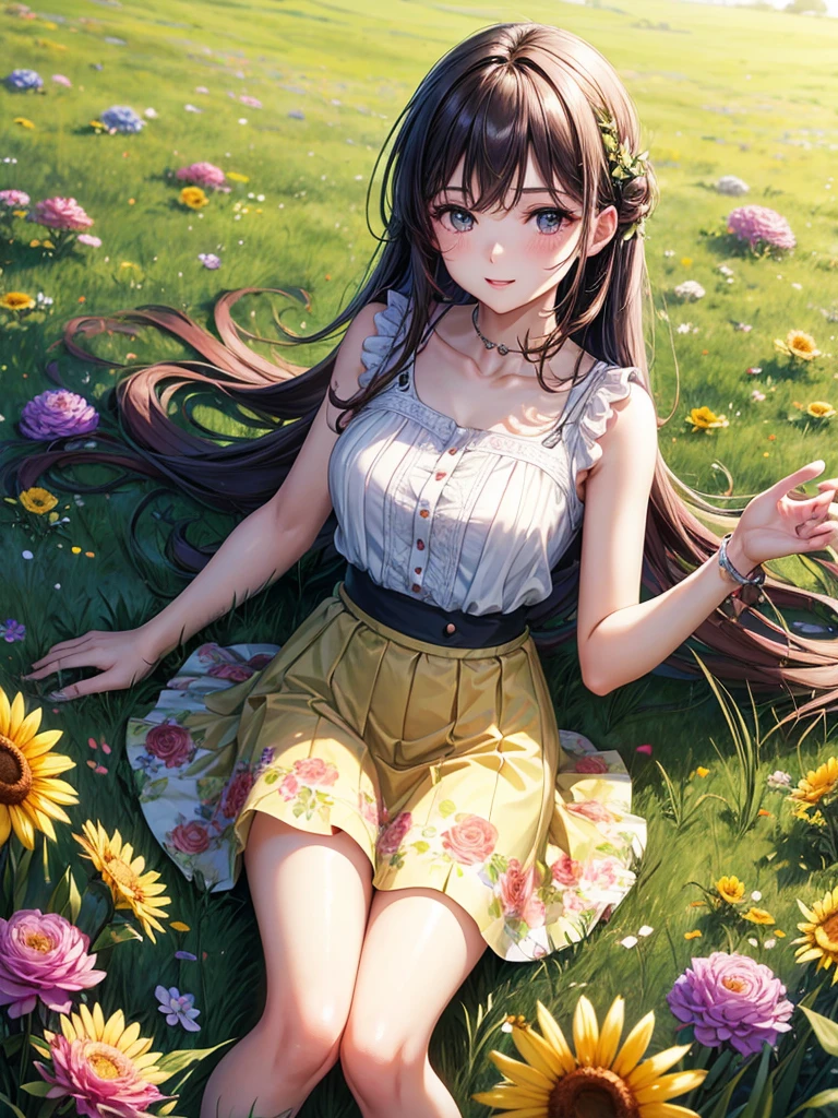 masterpiece, high-quality, a beautiful young woman having fun in a wide grassland, wearing a floral sleeveless top, wearing a flowy knee-length skirt, the background is a sunny meadow, perfect face, perfect hands 