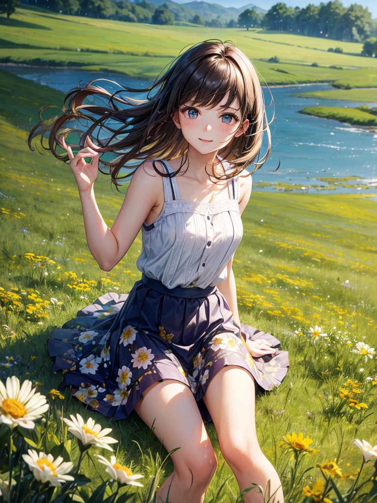 masterpiece, high-quality, a beautiful young woman having fun in a wide grassland, wearing a floral sleeveless top, wearing a flowy knee-length skirt, the background is a sunny meadow, perfect face, perfect hands
