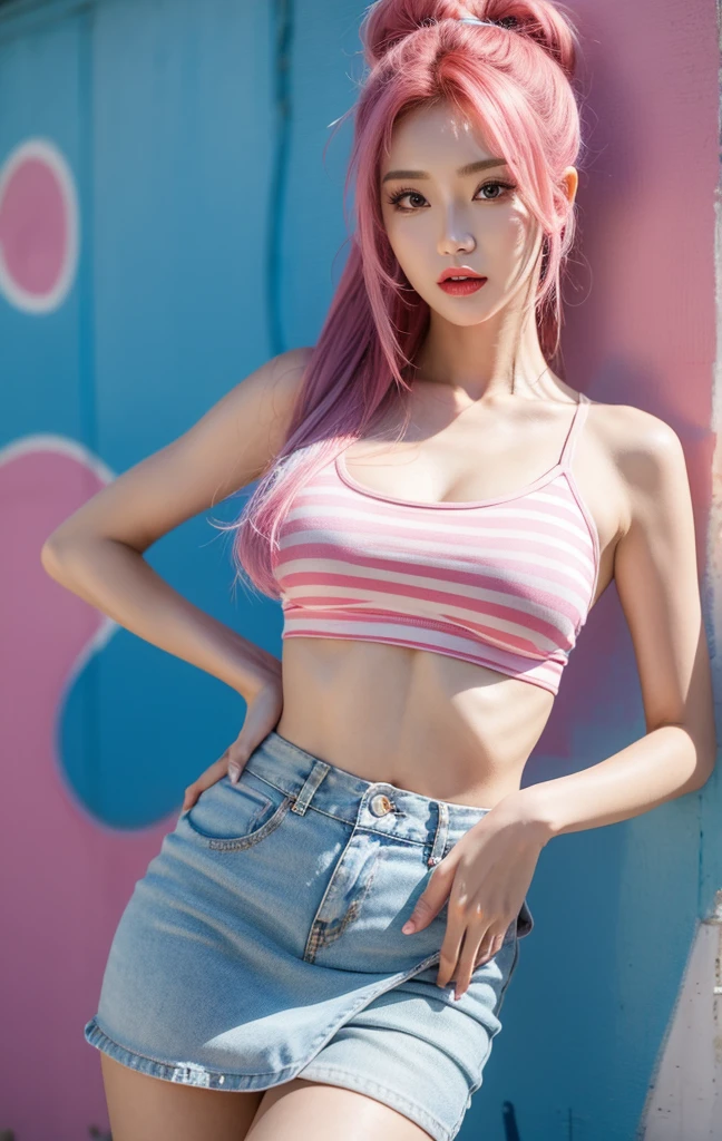 best quality, Clarity, 4k, 8k, detail, actual, a K-pop superstar 34 year old ultra sexual angelic horny and incredibly gorgeous supermodel mother bride Girl, Korean makeup, Red lips, pink and blue hair, Perfect body, thigh, stand, pose standing, medium chest, Graffiti crop top, Checkered striped skirt, Solid graffiti wall background, Graffiti art,